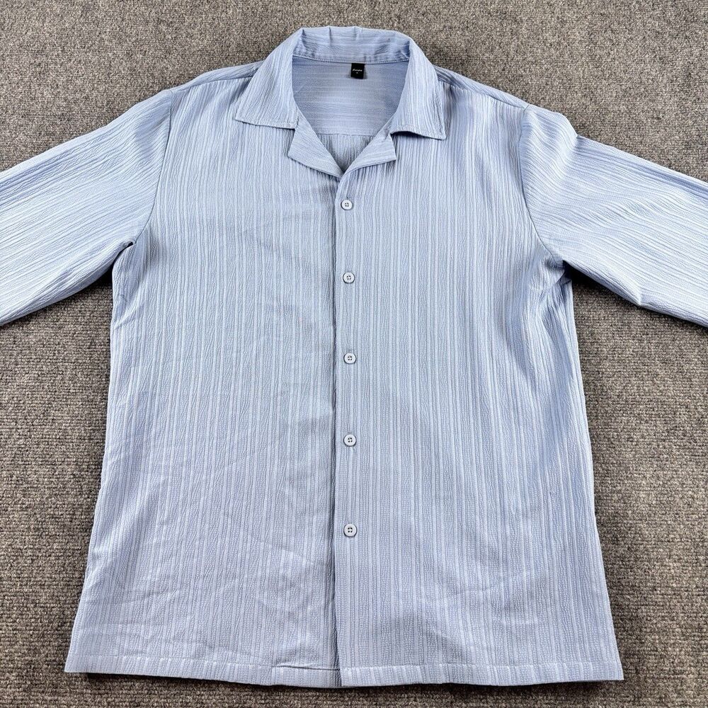 Lamjug Shirt Mens Small S Light Blue Camp Collar Crinkle Textured Long Sleeve